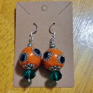 Boho Orange Acrylic Beaded Earrings Silver Moroccan Style Faux Crystal Dangle